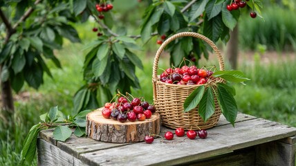 Freshly Picked Cherries Displayed on Rustic Wooden Table with Wo