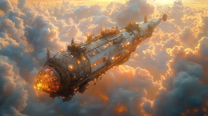 A fantastical airship with ornate details sailing through a sky filled with whimsical cloud formations.