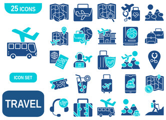 A comprehensive set of 25  icons representing various aspects of travel and tourism. 