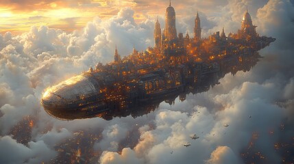 A fantastical cityscape built on the back of a giant, slumbering creature floating peacefully in the clouds.