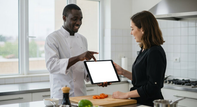 A dark-skinned male chef in a white uniform and a light-skinned female in a black top, demonstrating a blank tablet in a modern kitchen, showcasing food preparation. - Powered by Adobe
