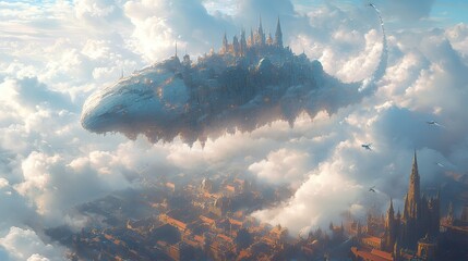A fantastical cityscape built on the back of a giant, slumbering creature floating peacefully in the clouds.