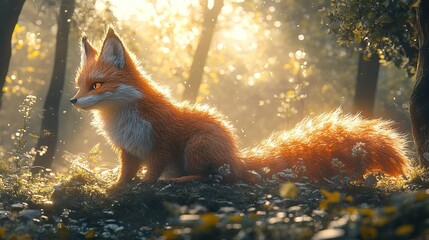 A fantastical creature with the body of a fox and the tail of a squirrel darting through a sun-dappled forest.