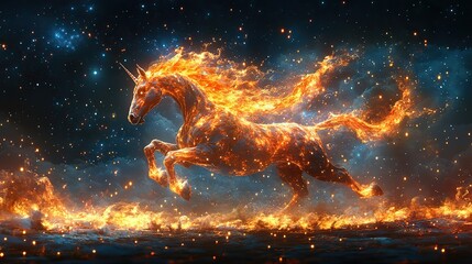 A fantastical creature with the body of a horse and a mane of fire galloping across a starry night landscape.