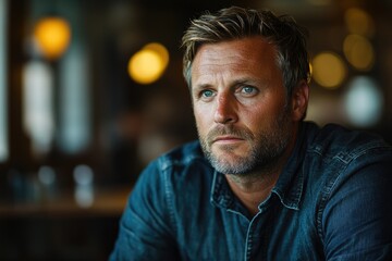Fototapeta premium A pensive middle-aged man with short, light brown hair, wearing a denim shirt, sits in a dimly lit cafe.