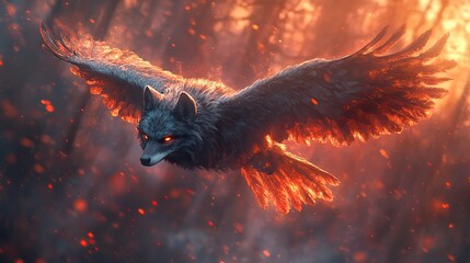 A fantastical creature with the head of a wolf and the wings of a raven soaring through a twilight sky.