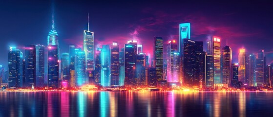 Obraz premium City skyline displays glowing skyscrapers reflecting vibrant lights across waterfront during nighttime.