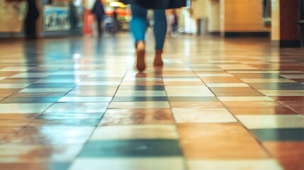 Woman walking in a shopping mall, colorful floor, blurred background