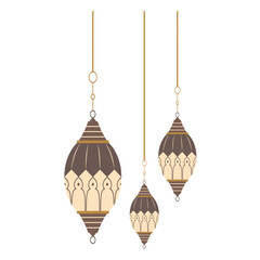 suspended golden lanterns with intricate patterns, varying in size, reflecting traditional Islamic art and decorative elegance.