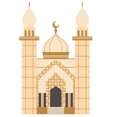 A majestic mosque with two towering minarets, a grand central dome, and an ornate entrance, symbolizing Islamic tradition and spirituality.