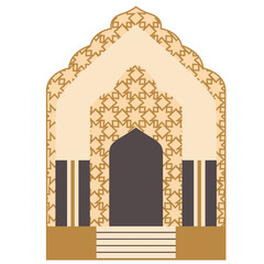 Fototapeta premium An arched architectural entrance with intricate patterns, flanked by columns and steps, reflecting elegant Islamic design and traditional aesthetics.