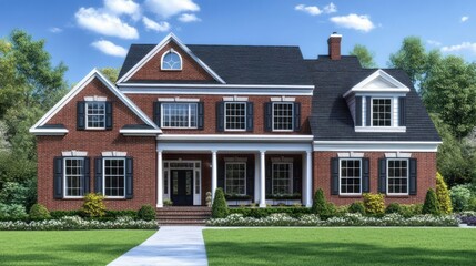 Obraz premium Elegant brick home with pristine landscaping and classic architectural details