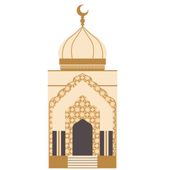 A traditional mosque with a large dome and crescent, intricate patterns, and an arched entrance, symbolizing Islamic architecture and spirituality.