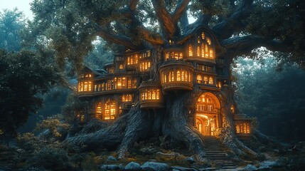 Obraz premium A fantastical library built within the branches of a giant, ancient tree, filled with glowing books.