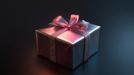 Obraz premium Silver gift box with red bow on dark background