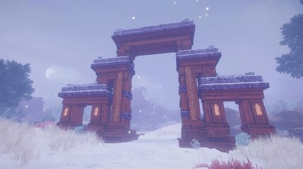 Naklejka premium Enchanted stonehenge arches snowy landscape mystical portal winter wonderland scene pixel art fantasy world exploration adventure