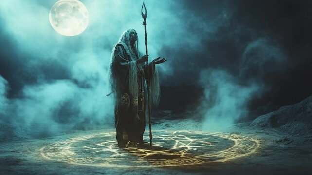 A mysterious robed figure stands within a glowing magical circle, performing an arcane ritual beneath a luminous full moon. Surrounded by swirling mist and eerie blue light
