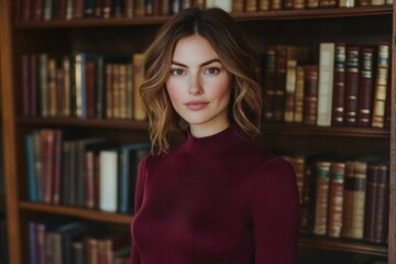 A woman with shoulder-length brown hair, wearing a maroon turtleneck sweater, stands before a bookshelf.