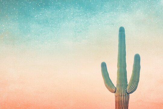 A stylized image of a saguaro cactus against a dreamy, textured backdrop of teal and peach colors.