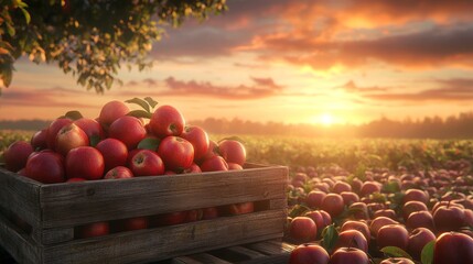 Rustic wooden crate full of vibrant red apples at sunset.