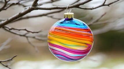 Vibrant Rainbow Christmas Ornament Hanging on a Bare Branch