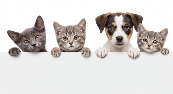 Four adorable kittens and puppies peeking over a blank sign, showcasing a blank space for text or an advertisement.