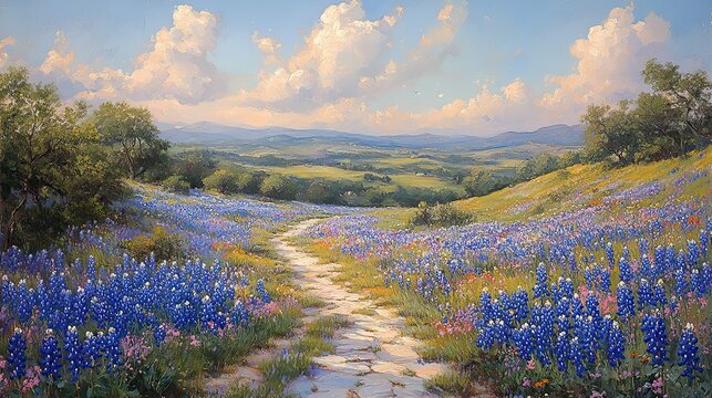 A field of bluebonnets stretching across the Texas landscape, a beautiful and iconic springtime sight.
