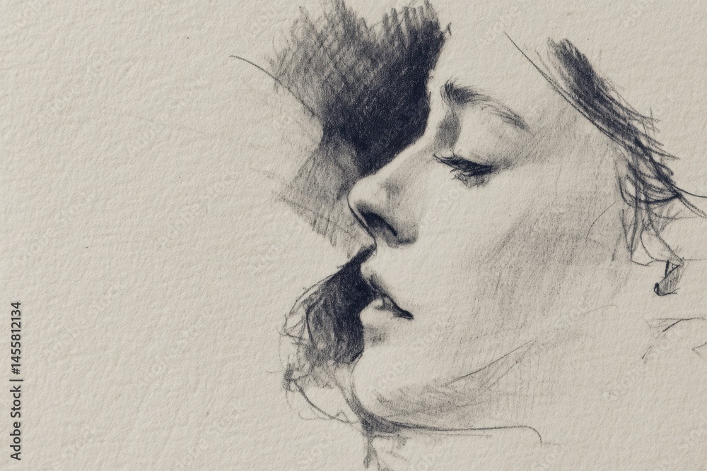 Leinwandbilder Soft Pencil Sketch of a Womans Profile Highlighting Delicate Features on Textured Paper Generative AI