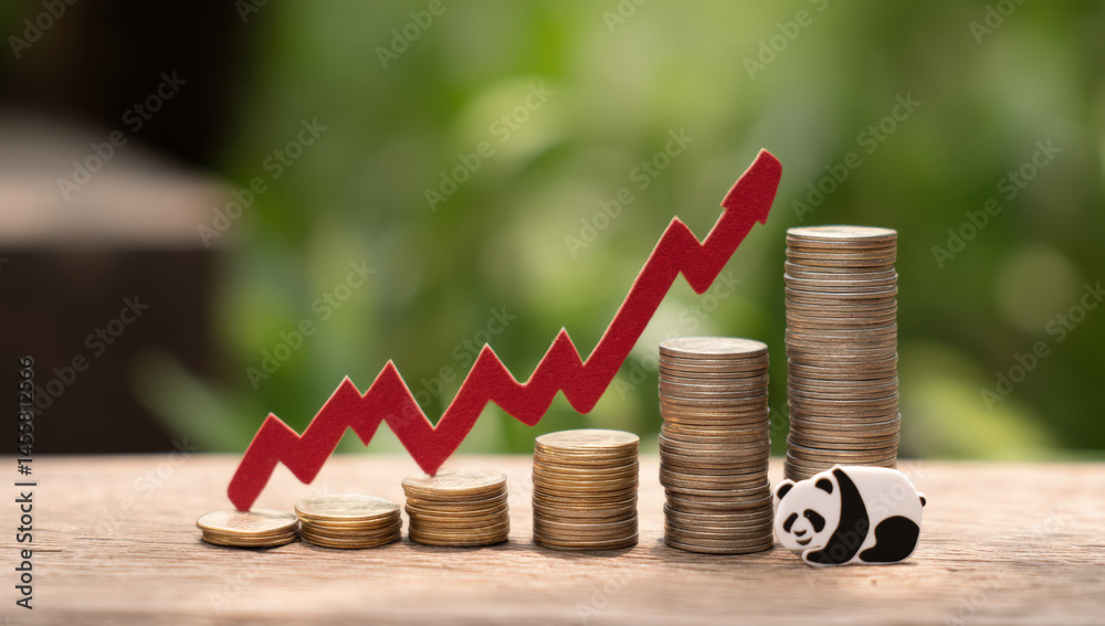 Aufkleber rising financial growth represented by stacks of coins and a red upward arrow with a panda figurine 