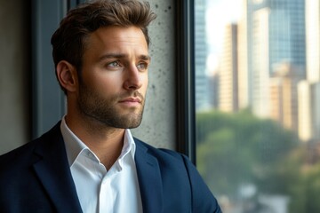 Fototapeta premium A pensive young businessman in a suit looks out a window at the city skyline, contemplating his future.