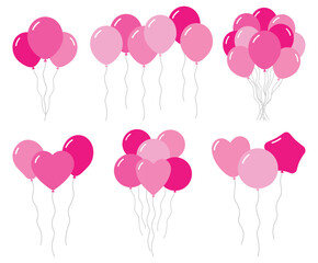 Balloons in cartoon flat style isolated set. Bunch of balloons.Set of vector pink balloons. Bunch of helium balloons for birthday, party anniversary, wedding, baby shower. Heart shape