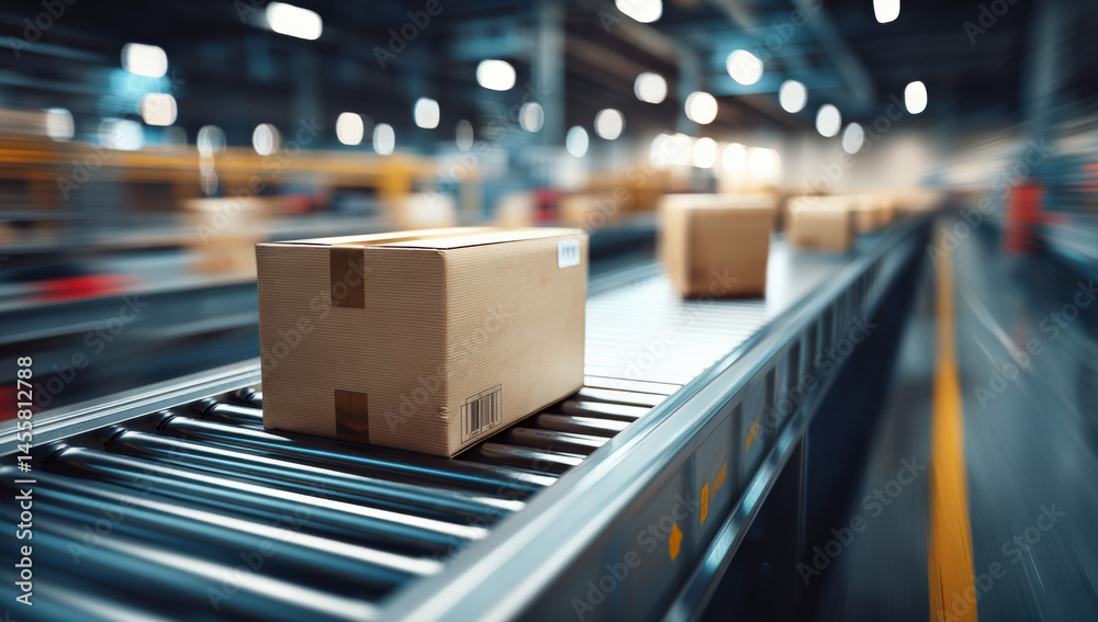 Poster a cardboard box moves along a conveyor belt in a modern warehouse showcasing efficient logistics and