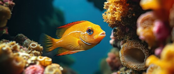 Obraz premium Golden fish swims gracefully through vibrant coral reef, creating serene and colorful underwater tableau.