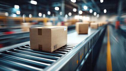A cardboard box moves along a conveyor belt in a modern warehouse showcasing efficient logistics and fast package delivery. : Generative AI