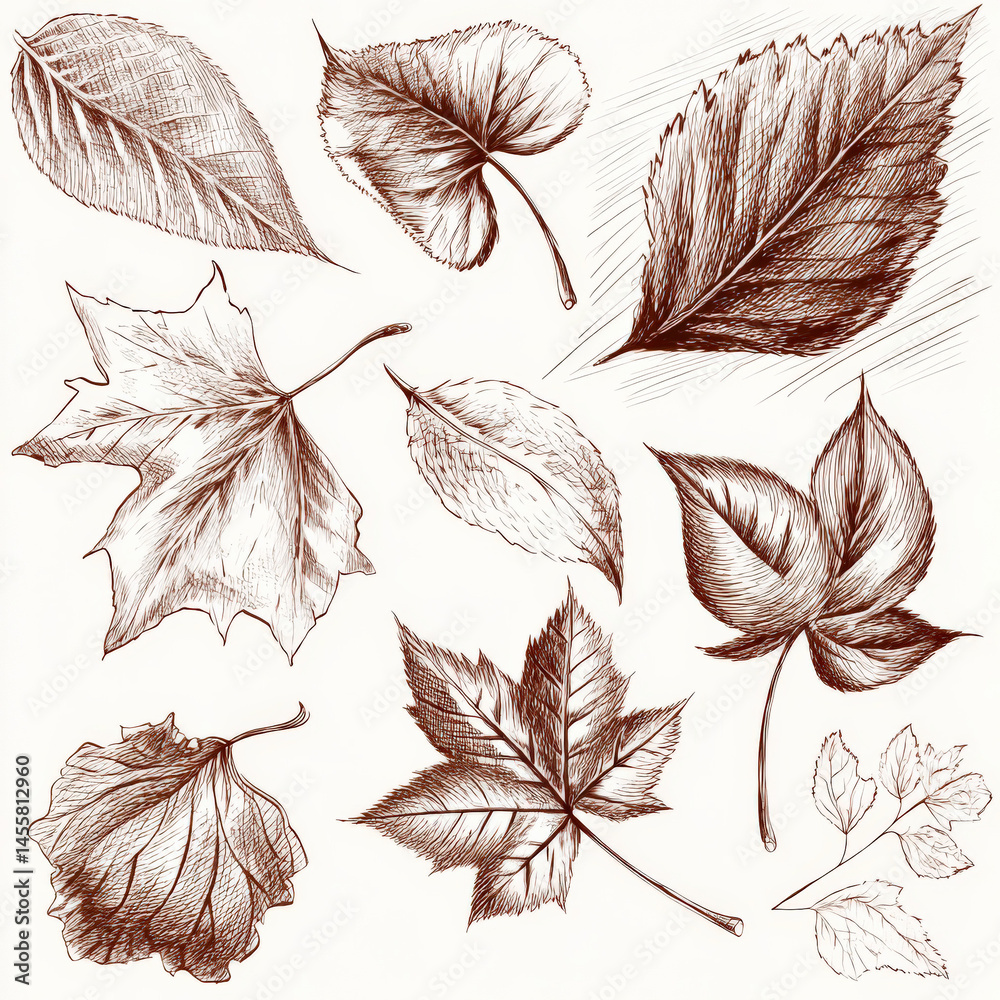 Poster collection of detailed handdrawn autumn leaves showcasing various shapes and textures perfect for se