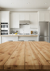 Long Wooden Table in Spacious Kitchen – Ideal for Showcasing Food Products and Appliances
