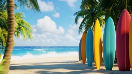 Colorful surfboards on sandy beach with sparkling sea and palm trees in a summer breeze scene