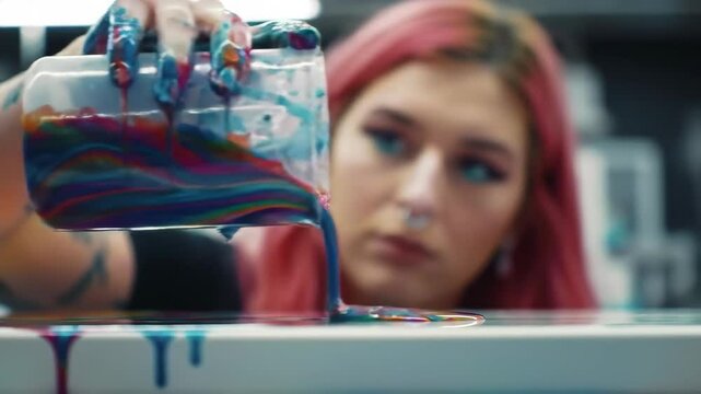 Pink-Haired Artist Mixing Vibrant Rainbow Screen Printing Ink