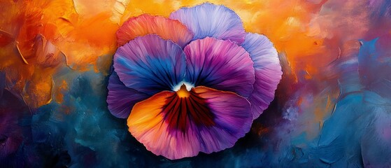 Pansy blossom presents vibrant petals displaying detailed textured impasto brushstrokes.
