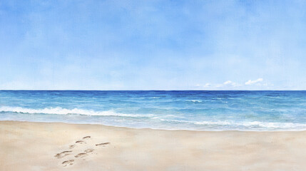 Fototapeta premium serene beach scene with gentle waves and footprints in sand, evoking tranquility and relaxation