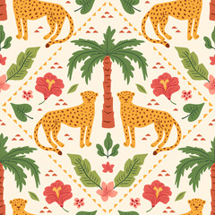 Tropical ethnic seamless pattern with palm tree, leopard, flowers and leaves. African ornament. Wild animals and exotic plant. Summer mosaic boho print. Vector flat illustration.