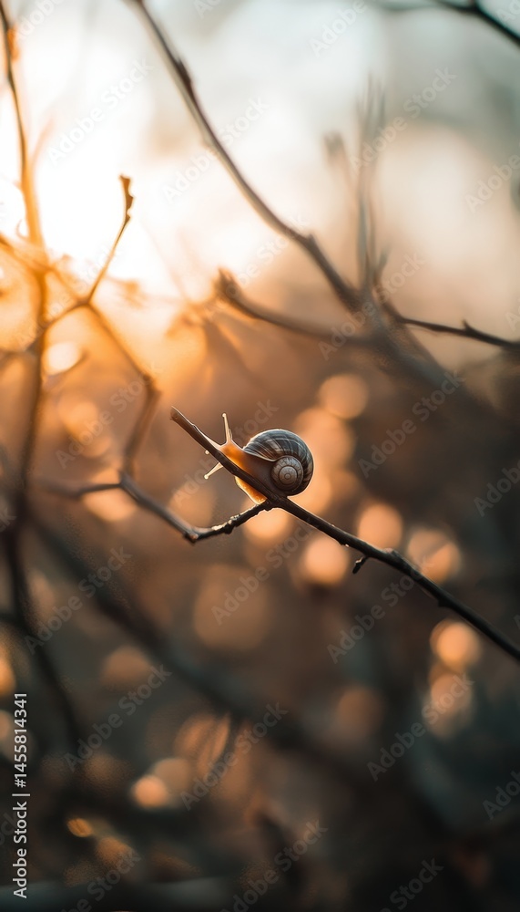 Wall mural stunning macro image of a snail on a branch at golden hour with blurred natural background