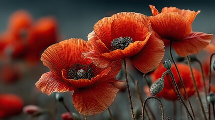 A field of poppies in vibrant red, swaying gently in a summer breeze under a clear, blue sky.