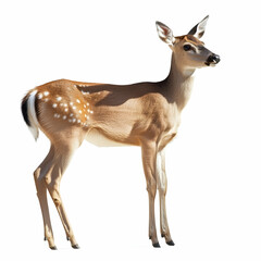 Naklejka premium Standing Deer Looking Right with Spots on Hide Against White Background