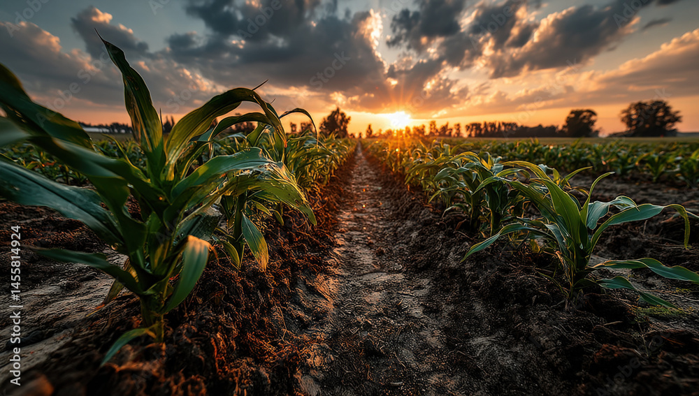 Aufkleber Young corn plants in a field at sunset showing a path between rows with warm golden light illuminating the scene and dark clouds in the sky. : Generative AI
