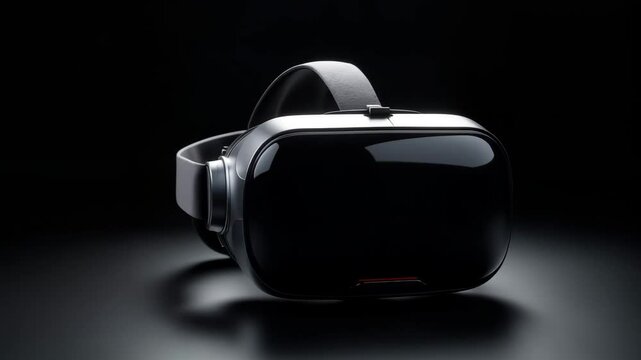 Cinematic render of luxury titanium VR headset on black background with soft spotlight