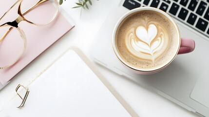 A feminine workspace with a latte art coffee cup.