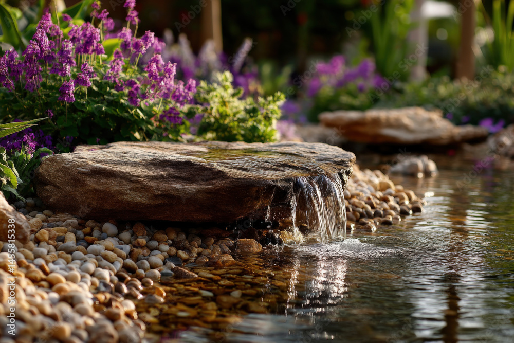 Poster serene garden water feature with a small waterfall cascading from a brown stone into a pond surround