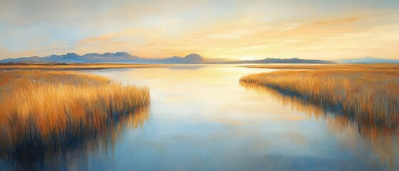 Obraz premium Landscape depicts mountains reflected on tranquil lake bordered by tall grass during sunset, creating serene atmosphere.