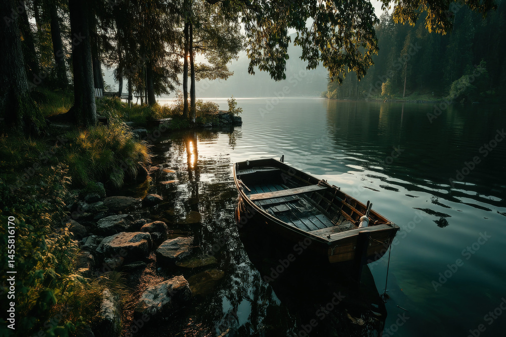 Poster serene sunrise over a tranquil lake a wooden rowboat gently rests near the shore surrounded by lush 